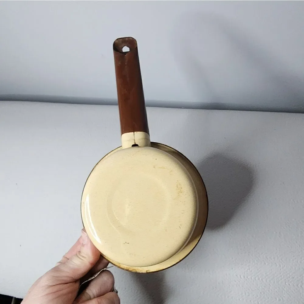 Vintage Little Saucepan Enamelware Tan with Brown Trim & Handle 5